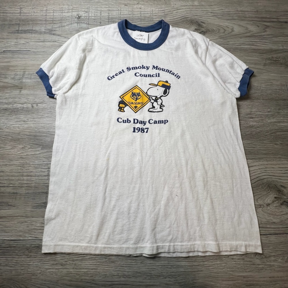 Stedman Ringer TShirt Men XL White 1987 Snoopy Cub Scouts Smoky Mountain Vintage